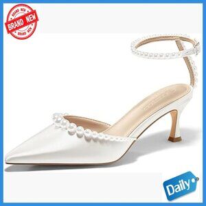 Satin Kitten Heels with Pearl Ankle Strap Wedding Dress Shoes